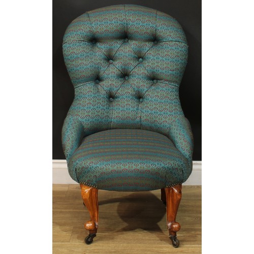 1466 - A Victorian drawing room chair, stuffed-over upholstery, deep-button back, cabriole forelegs, knurle... 