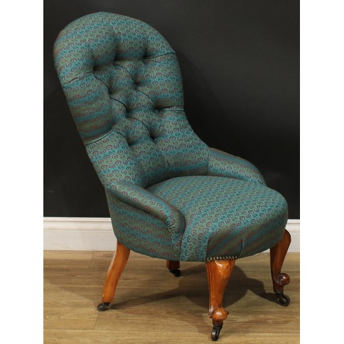 1466 - A Victorian drawing room chair, stuffed-over upholstery, deep-button back, cabriole forelegs, knurle... 