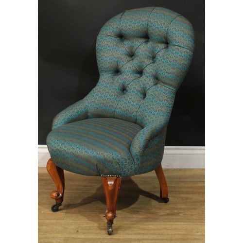 1466 - A Victorian drawing room chair, stuffed-over upholstery, deep-button back, cabriole forelegs, knurle... 