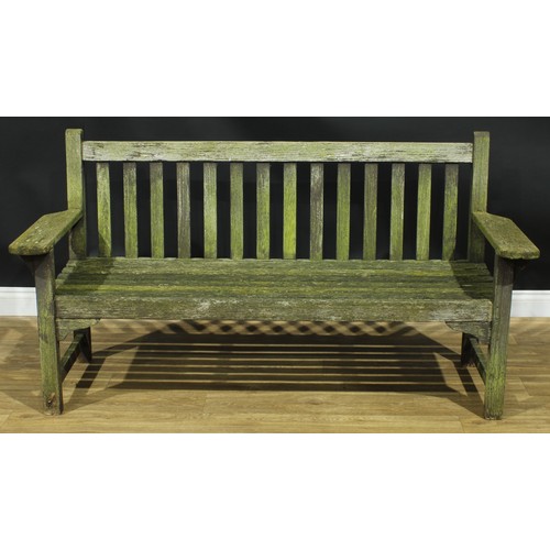 1452 - A teak garden bench, slatted back and seat, 88cm high, 165.5cm wide, the seat 140cm wide and 46cm de... 