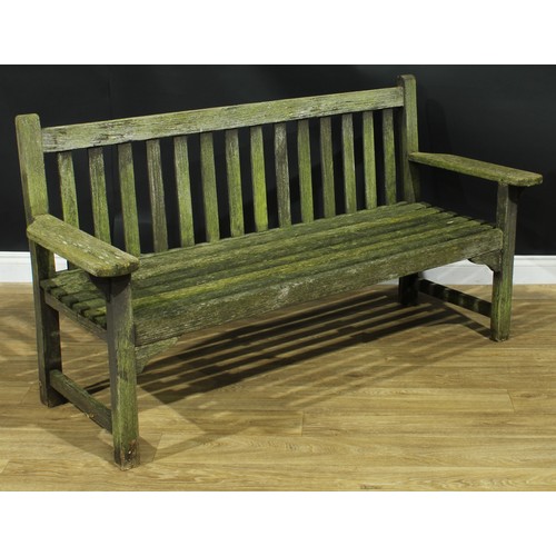 1452 - A teak garden bench, slatted back and seat, 88cm high, 165.5cm wide, the seat 140cm wide and 46cm de... 