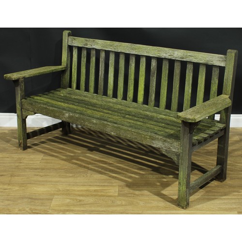 1452 - A teak garden bench, slatted back and seat, 88cm high, 165.5cm wide, the seat 140cm wide and 46cm de... 