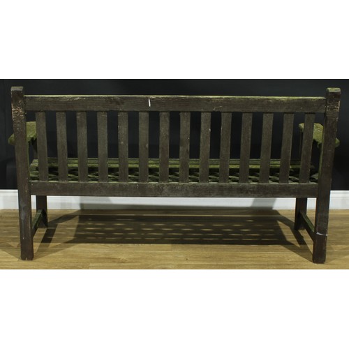 1452 - A teak garden bench, slatted back and seat, 88cm high, 165.5cm wide, the seat 140cm wide and 46cm de... 