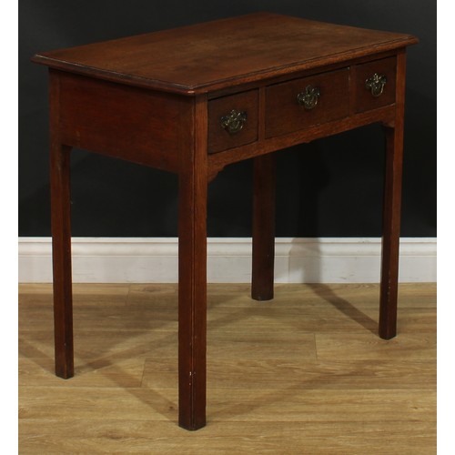 1166 - A George III oak lowboy or side table, rectangular top with moulded edge above three drawers, swing ... 