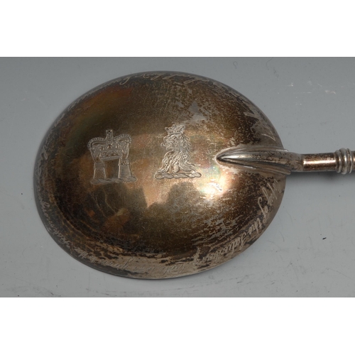 50 - A Charles II style silver cannon handled basting spoon, Copy of the Salisbury Ladle, 1684, given to ... 