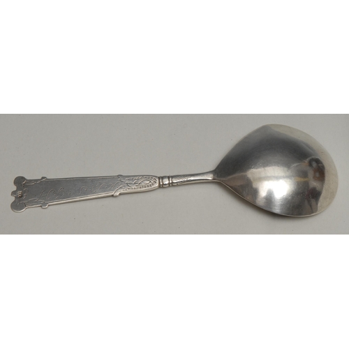 73 - An 18th century Norwegian silver spoon, trefid terminal, the stem engraved with scrolling leaves, pr... 