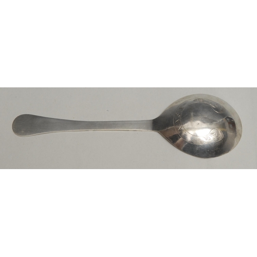 70 - An 18th century Norwegian silver spoon, faceted stem, rounded terminal engraved with a flower, the b... 