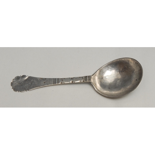 71 - An 18th century Norwegian silver spoon, faceted stem, the terminal shaped and engraved with a flower... 