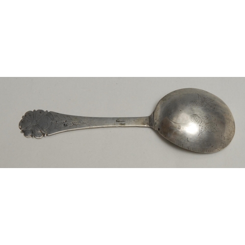 71 - An 18th century Norwegian silver spoon, faceted stem, the terminal shaped and engraved with a flower... 