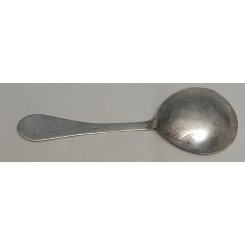 72 - An 18th century Norwegian silver spoon, the handle with bright-cut border, engraved with a flower, m... 