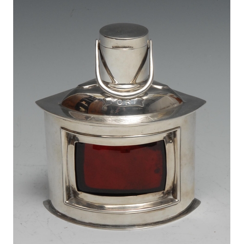 145 - A George V silver novelty combination table vesta and cigarette box, as a port side ship's lamp, red... 