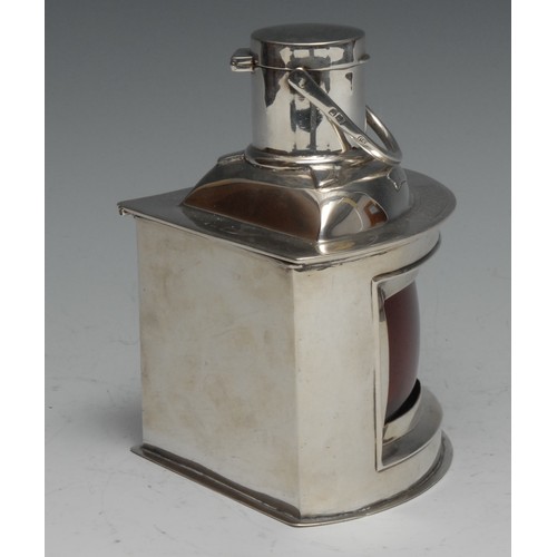 145 - A George V silver novelty combination table vesta and cigarette box, as a port side ship's lamp, red... 