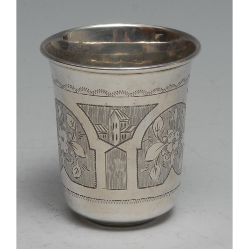 207 - A Russian silver bell shaped beaker, bright-cut engraved with topographical views and flowers, 6cm h... 