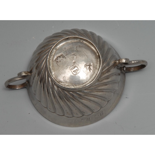 245 - A William & Mary silver half-fluted toy porringer, S-scroll handles, 7cm wide, maker NL, London, c.1... 