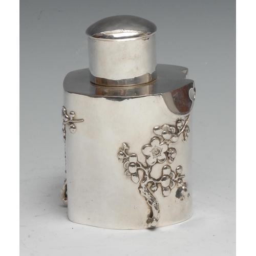 86 - A Chinese silver prunus root shaped tea caddy, applied with blossoming branches, push-fitting cover,... 