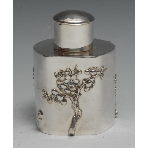 86 - A Chinese silver prunus root shaped tea caddy, applied with blossoming branches, push-fitting cover,... 