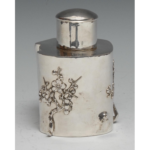 86 - A Chinese silver prunus root shaped tea caddy, applied with blossoming branches, push-fitting cover,... 