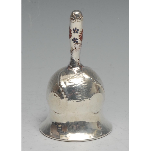 309 - Tiffany & Co - an American silver and enamel table bell, the handle decorated with flowers, 10cm hig... 