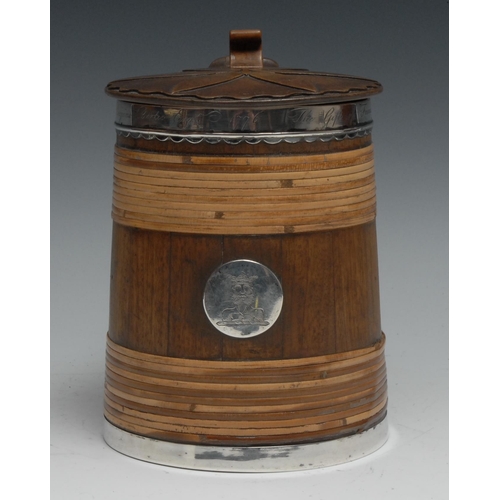 297 - Derbyshire Interest - a George III silver mounted willow-bound treen tankard, hinged cover carved wi... 