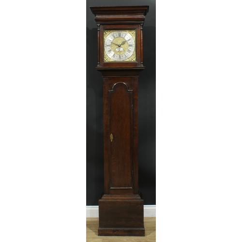 1079 - A George I/II oak Derbyshire longcase clock, 27cm square brass dial with silvered chapter ring inscr... 