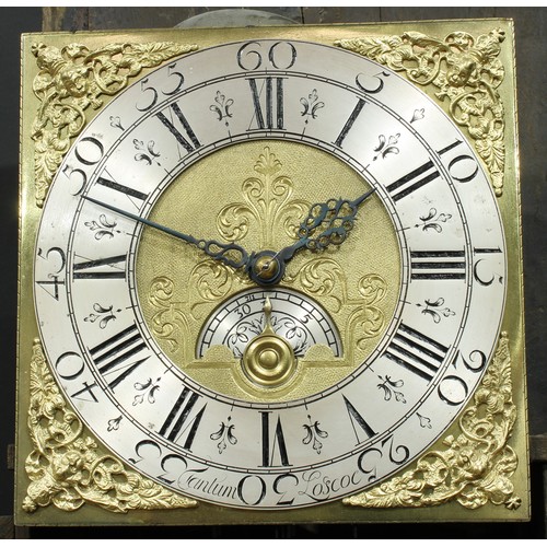 1079 - A George I/II oak Derbyshire longcase clock, 27cm square brass dial with silvered chapter ring inscr... 