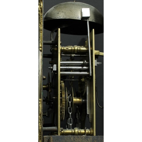 1079 - A George I/II oak Derbyshire longcase clock, 27cm square brass dial with silvered chapter ring inscr... 