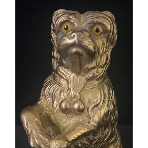 3018 - English School, late 19th century, a gilt bronze, Rough Haired Terrier, begging, glass eyes, rectang... 