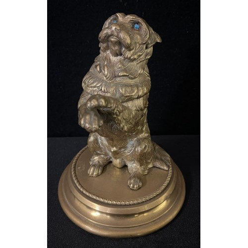 3020 - English School, late 19th century, a gilt bronze, after Landseer, Terrier, begging, glass eyes, circ... 