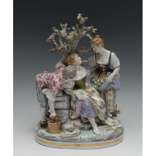 514A - A 19th century Continental porcelain figural group, of two maidens and young male admirer beneath a ... 