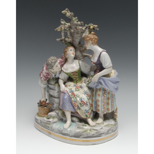 514A - A 19th century Continental porcelain figural group, of two maidens and young male admirer beneath a ... 