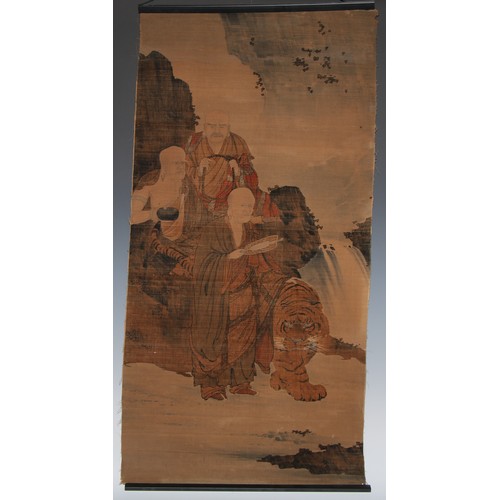 809 - Chinese School, a pair, scrolls, worked in coloured threads and decorated in penwork with elders, a ... 