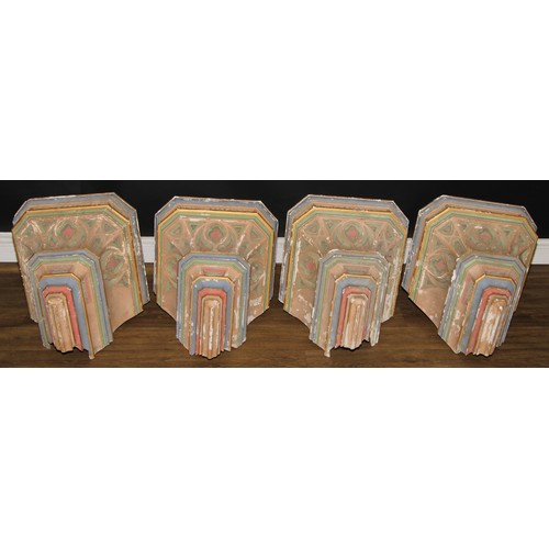 1643 - Architectural Salvage - a set of four French Gothic Revival eccclesiastical polychrome decorated cor... 