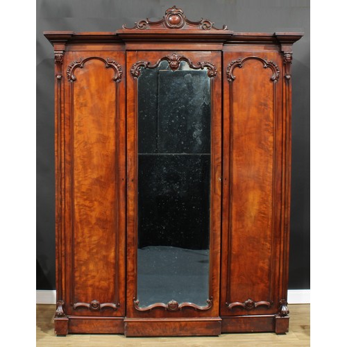 1275A - A Victorian mahogany breakfront wardrobe, by A. Blain, Liverpool, stamped, outswept cornice with sha... 