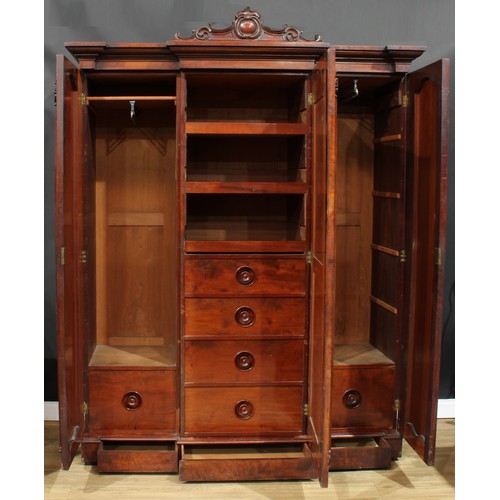 1275A - A Victorian mahogany breakfront wardrobe, by A. Blain, Liverpool, stamped, outswept cornice with sha... 