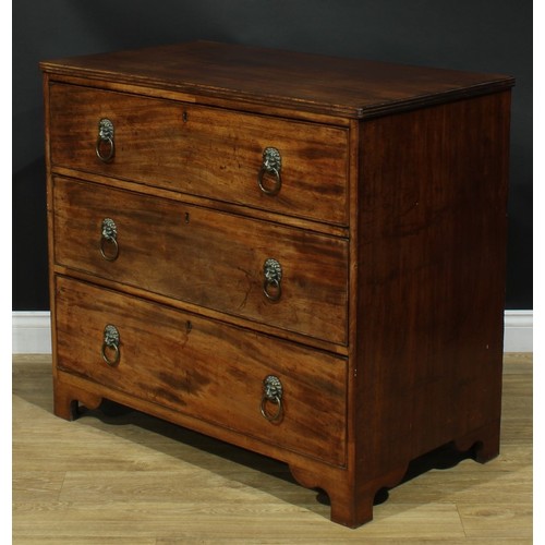 1110 - A George III mahogany chest, rectangular top with reeded edge above three long graduated cockbeaded ... 