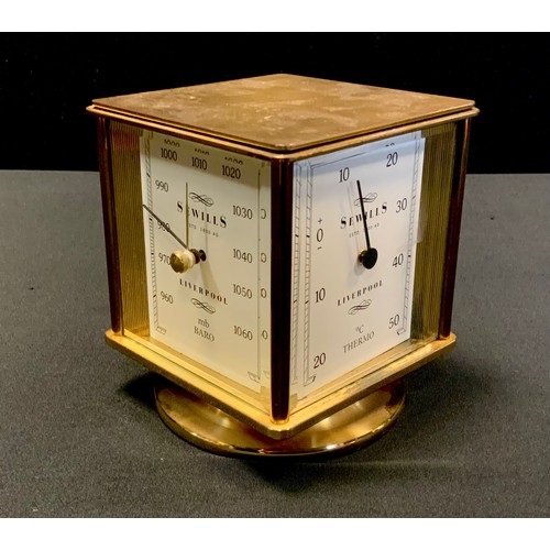 6 - A 20th century Sewill's of Liverpool brass cased desk clock/weather station with clock, barometer, t... 