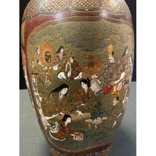 24 - A Japanese Satsuma pottery Meiji vase, intricately decorated with traditional figure panels, unmarke... 