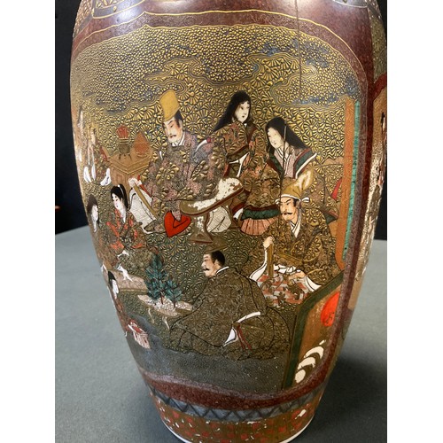 24 - A Japanese Satsuma pottery Meiji vase, intricately decorated with traditional figure panels, unmarke... 