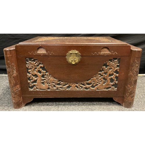 44 - A mid 20th century carved camphor wood blanket chest, 48.5cm high x 91cm wide x 48cm.