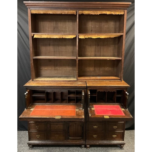 50 - A Victorian oak Secretaire bookcase cabinet, three tier bookcase top, with moulded cornice, over a b... 