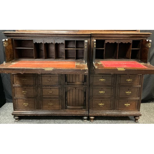 50 - A Victorian oak Secretaire bookcase cabinet, three tier bookcase top, with moulded cornice, over a b... 