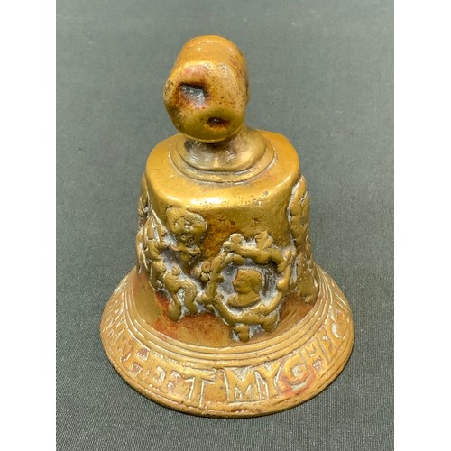 64 - A 19th century Hemony Serke bell, Jacoves Serke Heft,  dated 1370, marked head handle, 10.7cm high, ... 