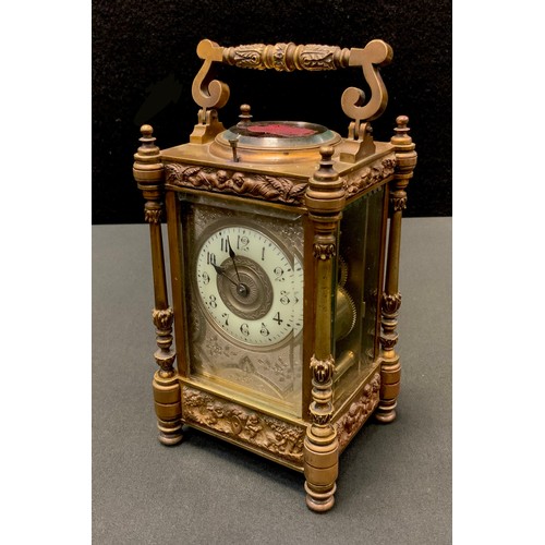 69 - A 19th century French bronze, brass and gilt metal repeating carriage clock, gilt cream dial, Arabic... 