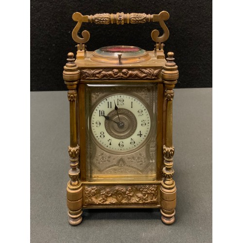 69 - A 19th century French bronze, brass and gilt metal repeating carriage clock, gilt cream dial, Arabic... 