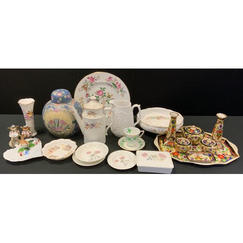 75 - A Noritake seven piece dressing table set;  Royal Crown Derby Coffee pot;  cup and saucer;  Aynsley;... 