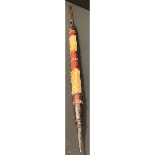 76 - A large cream mortar, single spout, 35cm diameter, impressed 12, c.1910;  an African tribal spear, h... 