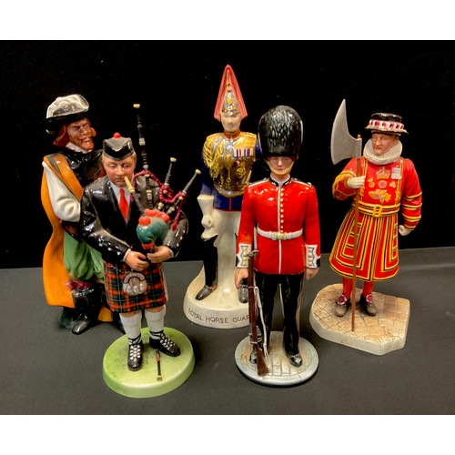 108 - A Royal Doulton figure, The Guardsman, Hn 2784;  others Iconic London Beefeater Hn5362;  The Piper H... 