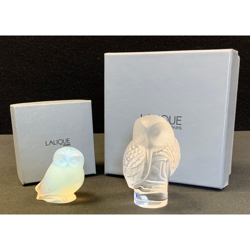 113 - Lalique  - a modern frosted art glass paperweight, as an Owl, signed Lalique France, height 9cm;  an... 