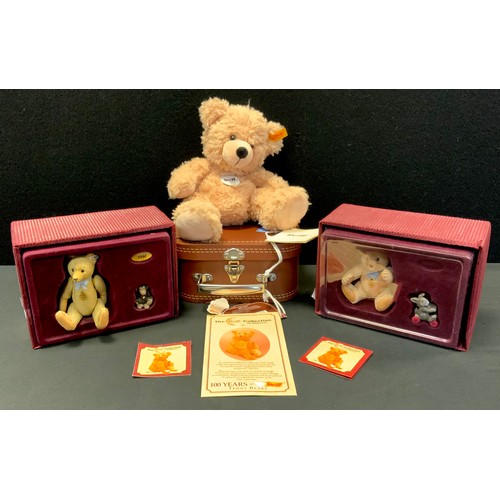 122 - A Steiff teddy bear Flyn, yellow ear tag;  two Steiff Enesco models 100 year of teddy bears, 1949 ba... 