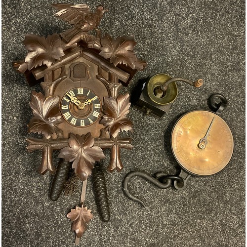 139 - An early 20th century cuckoo clock, Roman numerals, 45cm high'  a set No.20 Salter spring balance sc... 